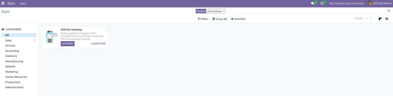 Odoo Apps-overzicht met de POS Pin Vandaag-module en de knop Activate
